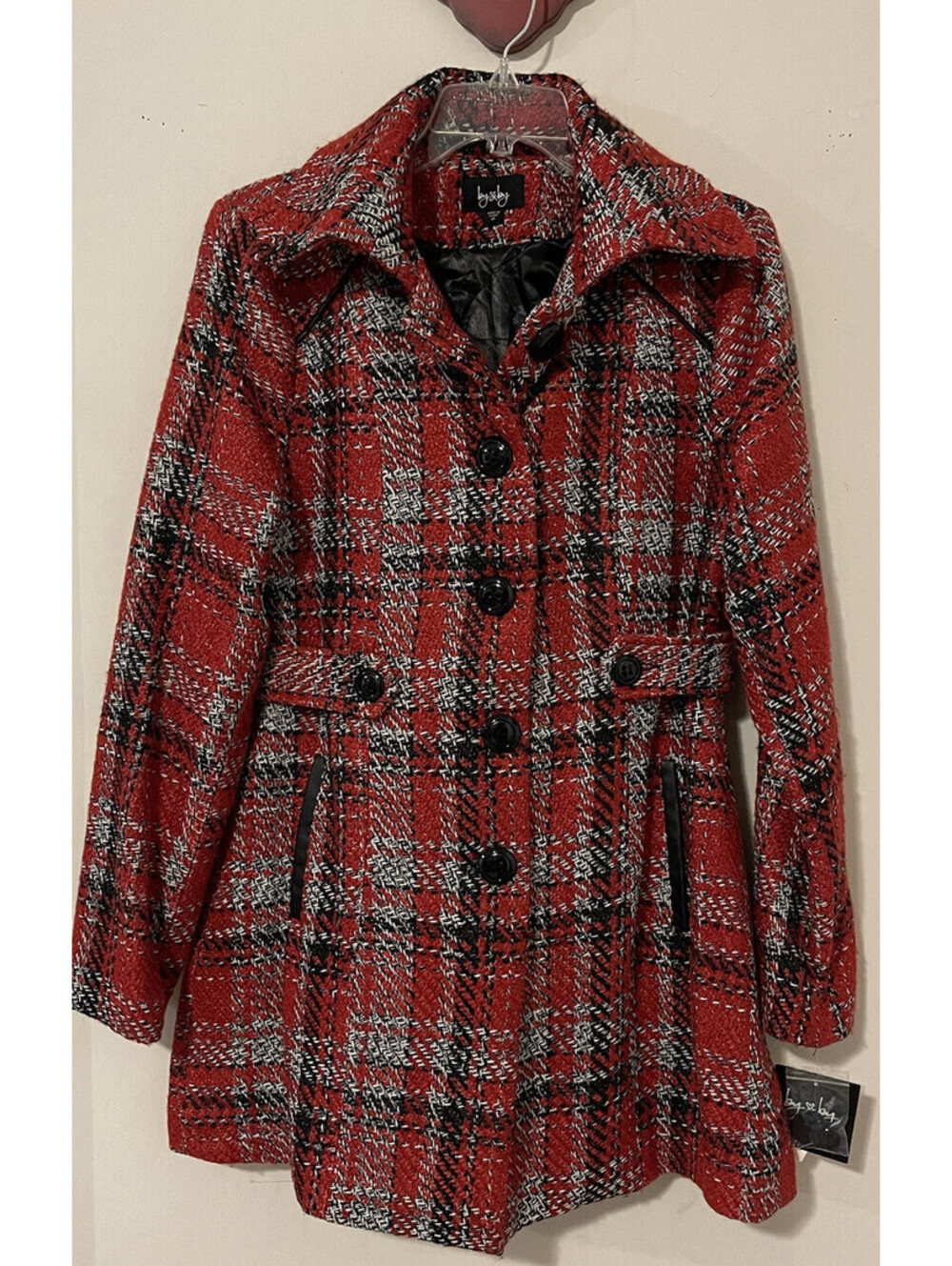 By & By Women’s Heavy Medium Red & Black Plaid Long Button-Up Peacoat NWT! AZZ10